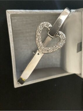 Silver Tone Heart Rhinestone Hinged Bangle Bracelet